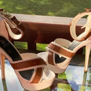 Brown and white platform sandals